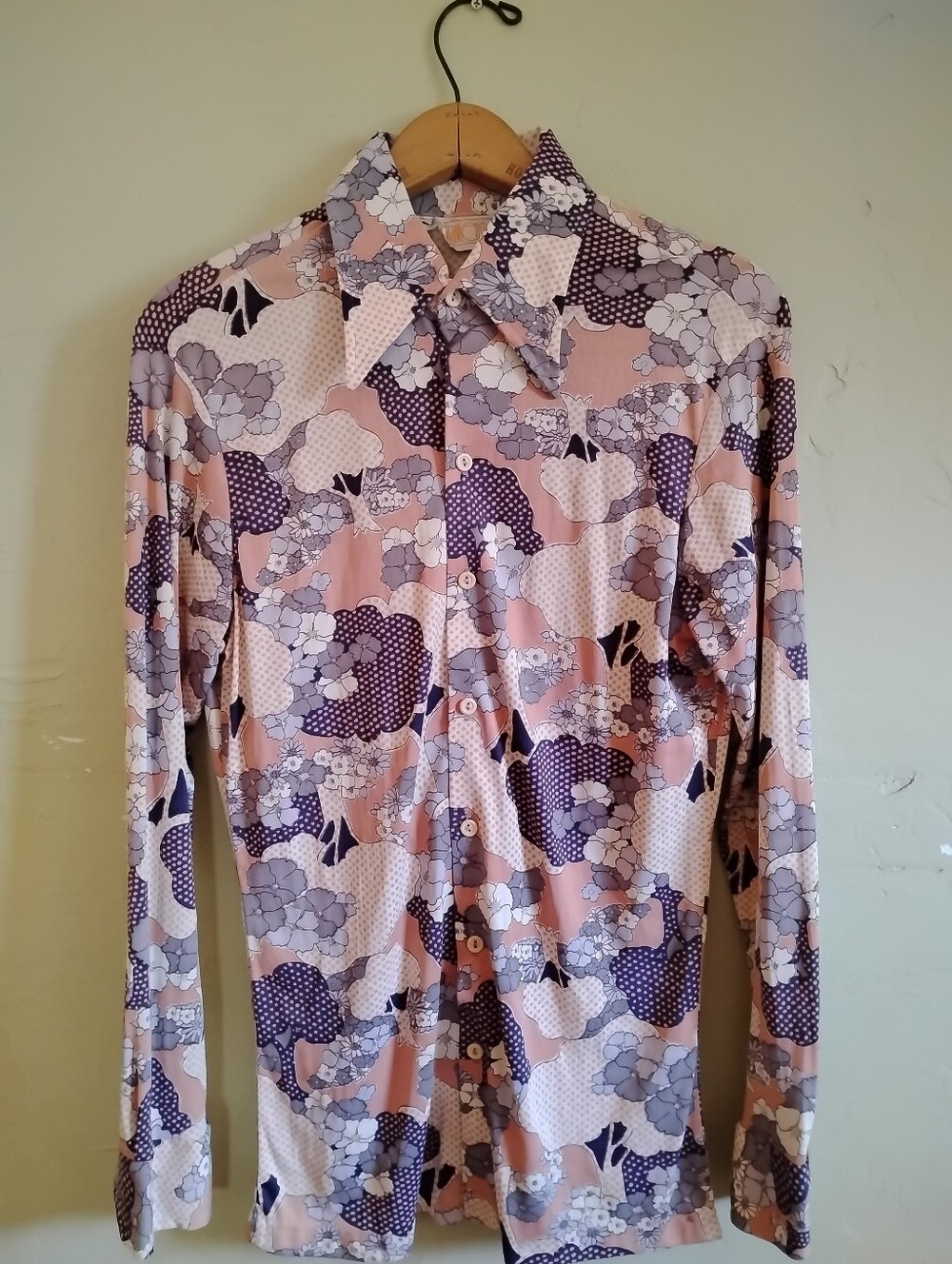 1970s CA Vtg M Long Sleeve Shirt Floral Tree Flower Retro Disco Club Collar